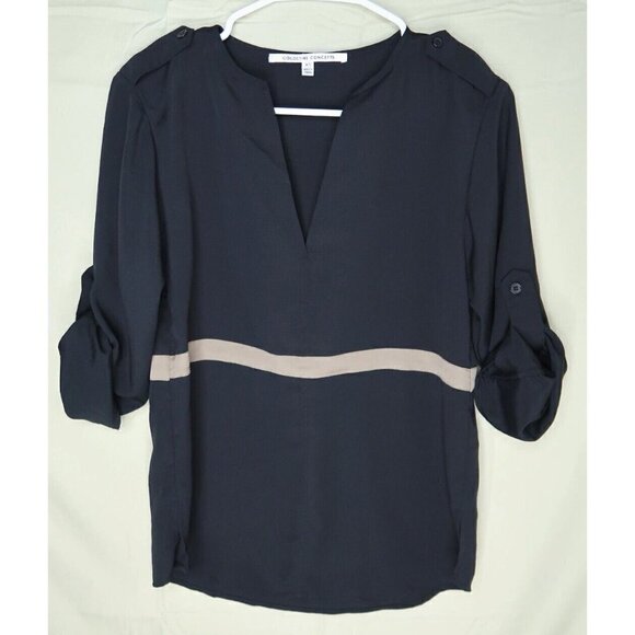 Collective Concepts Black Tunic Top V Neck Semi Sheer Roll Tab Sleeve Womens XS - Picture 1 of 10